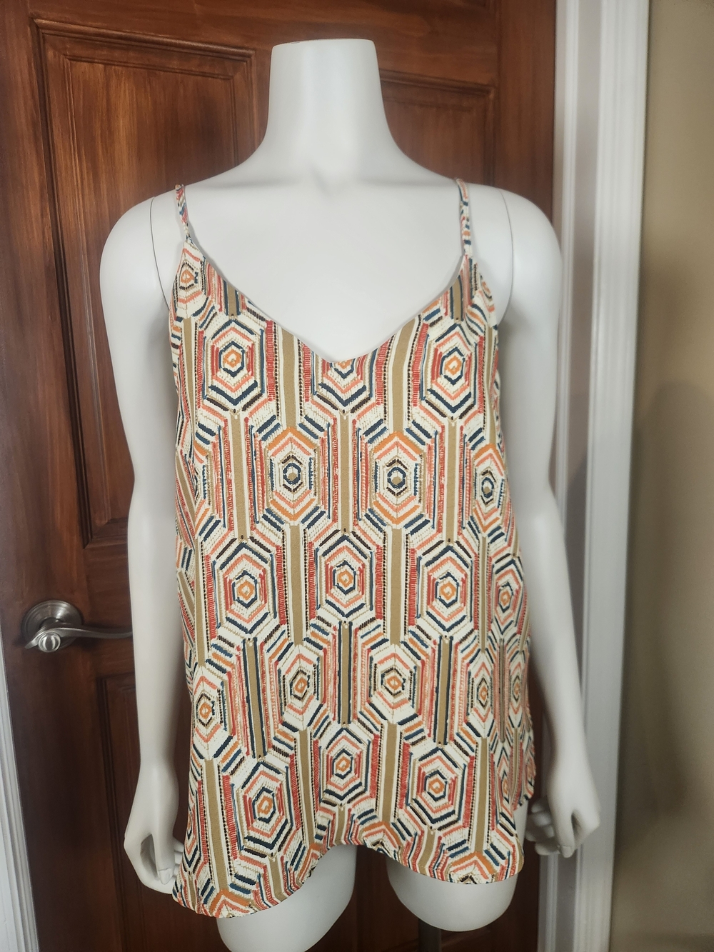 Allison Joy Geometric Spaghetti-Strap Cami in Cream, Rust & Navy